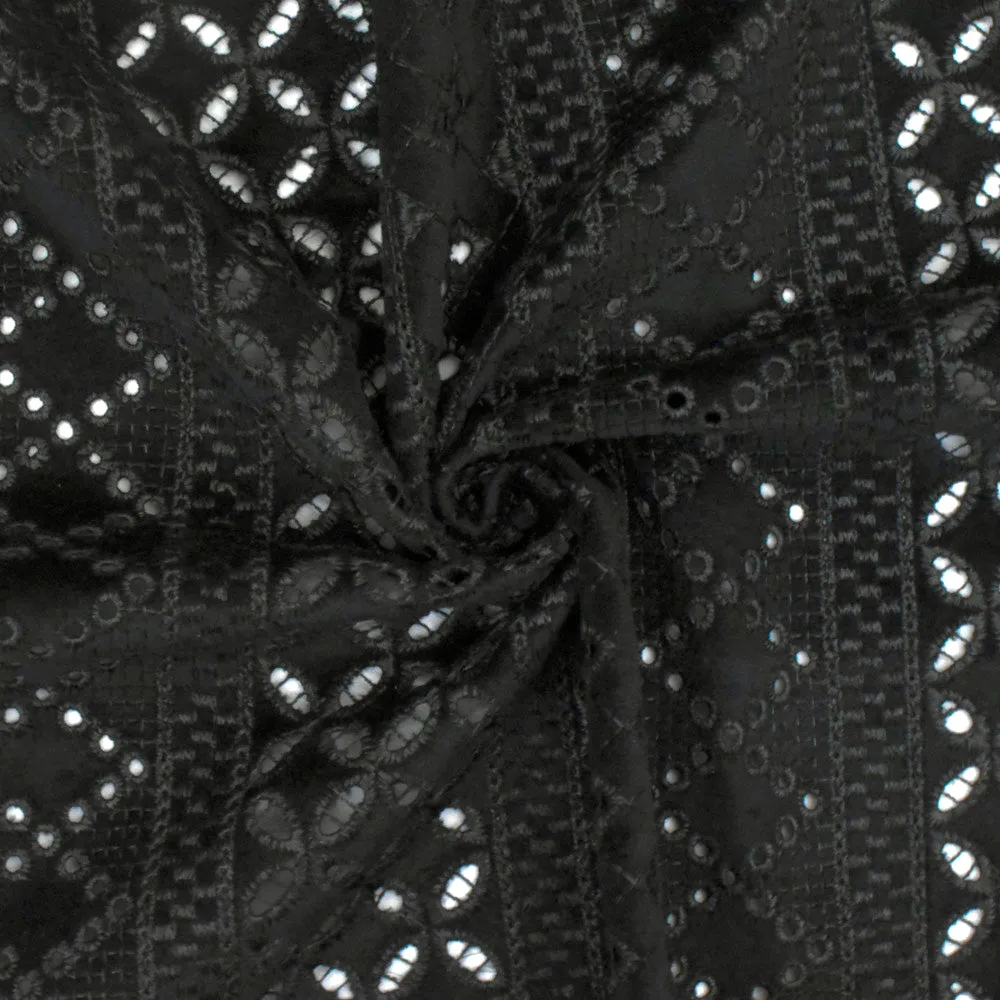 Soft Black Moroccan Embroidered Eyelet Stretch Poly Velvet Knit Fabric