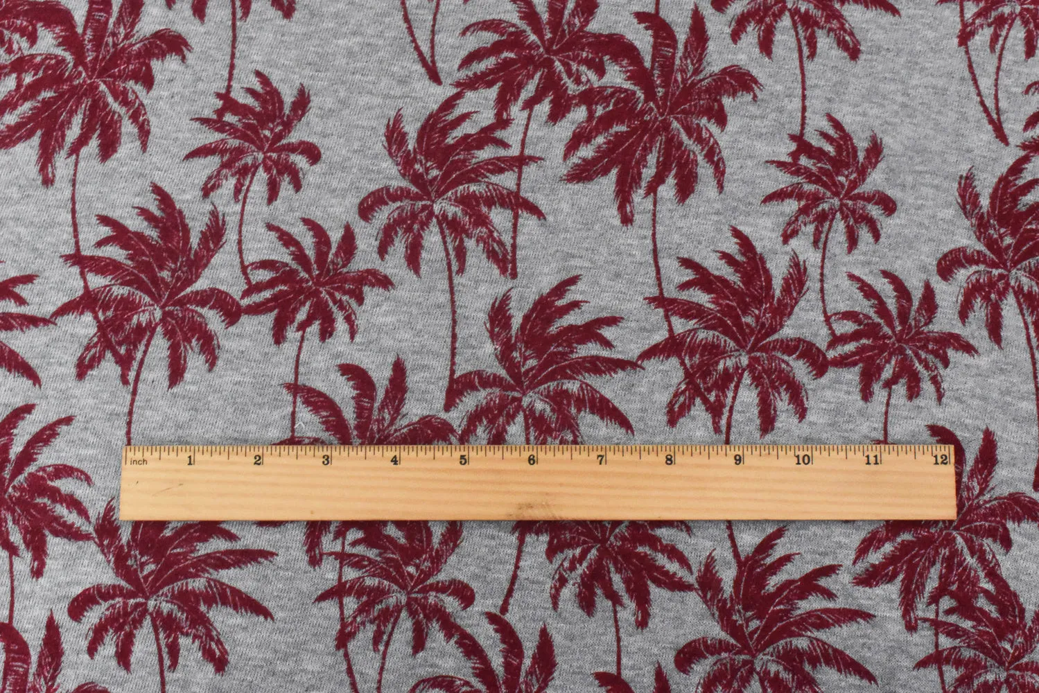 Static Gray-Red Palm Tree Printed Stretch French Terry Knit Fabric