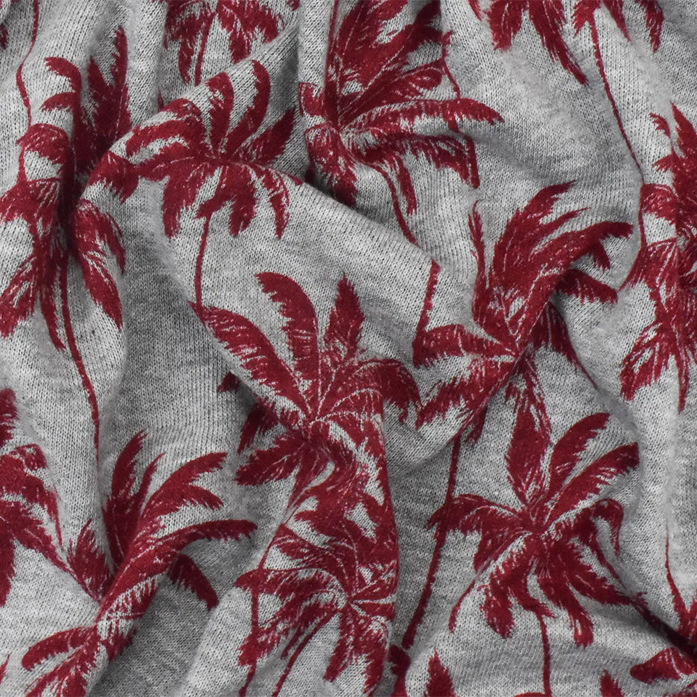 Static Gray-Red Palm Tree Printed Stretch French Terry Knit Fabric