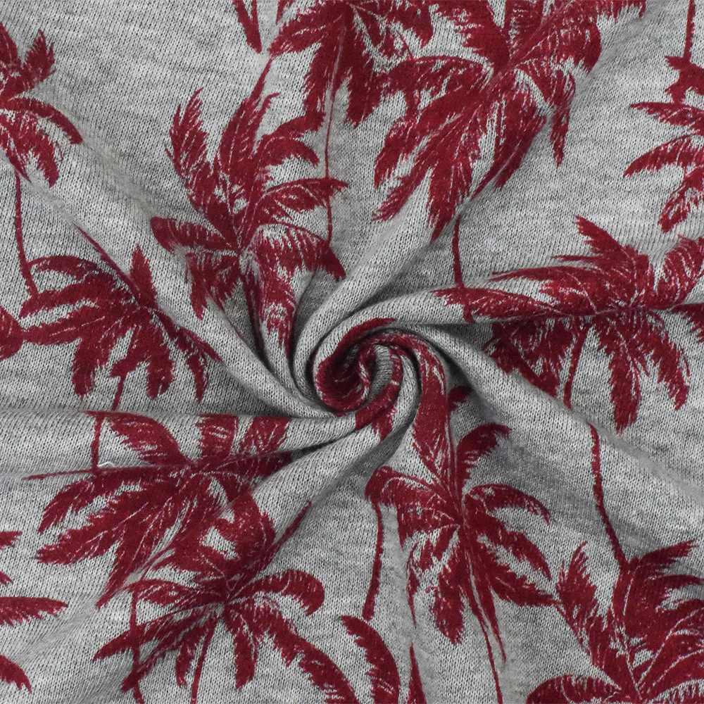 Static Gray-Red Palm Tree Printed Stretch French Terry Knit Fabric