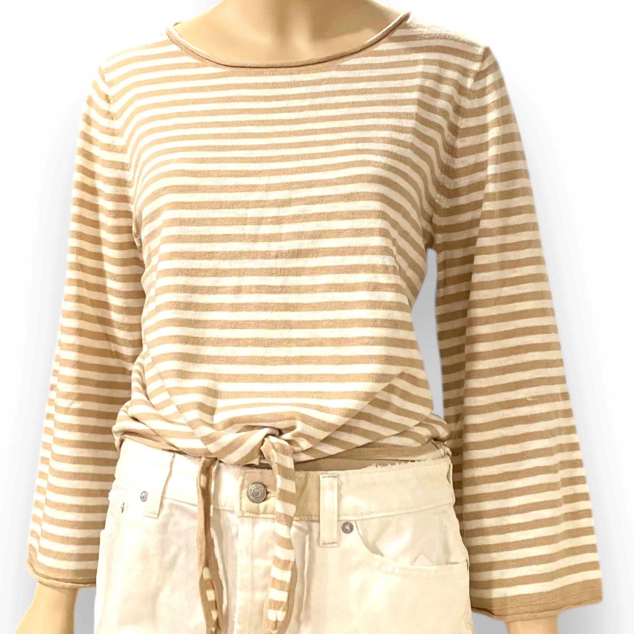 Stripes Bell Sleeve Waist Tie Top