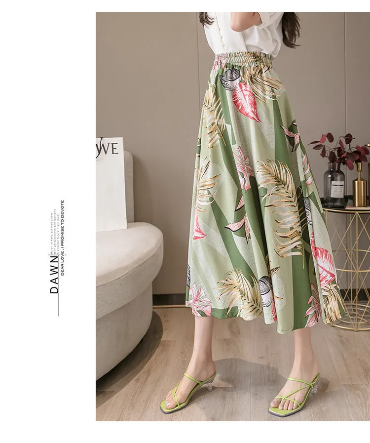 Summer Floral Skirt Women High Waist Chiffon Drape Slim Look Long Hip Flattering A-Line Fairy-Look Skirt