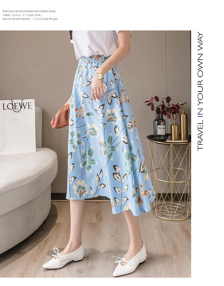 Summer Floral Skirt Women High Waist Chiffon Drape Slim Look Long Hip Flattering A-Line Fairy-Look Skirt