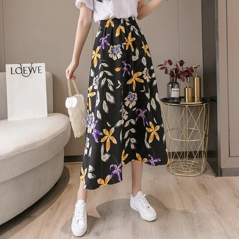 Summer Floral Skirt Women High Waist Chiffon Drape Slim Look Long Hip Flattering A-Line Fairy-Look Skirt