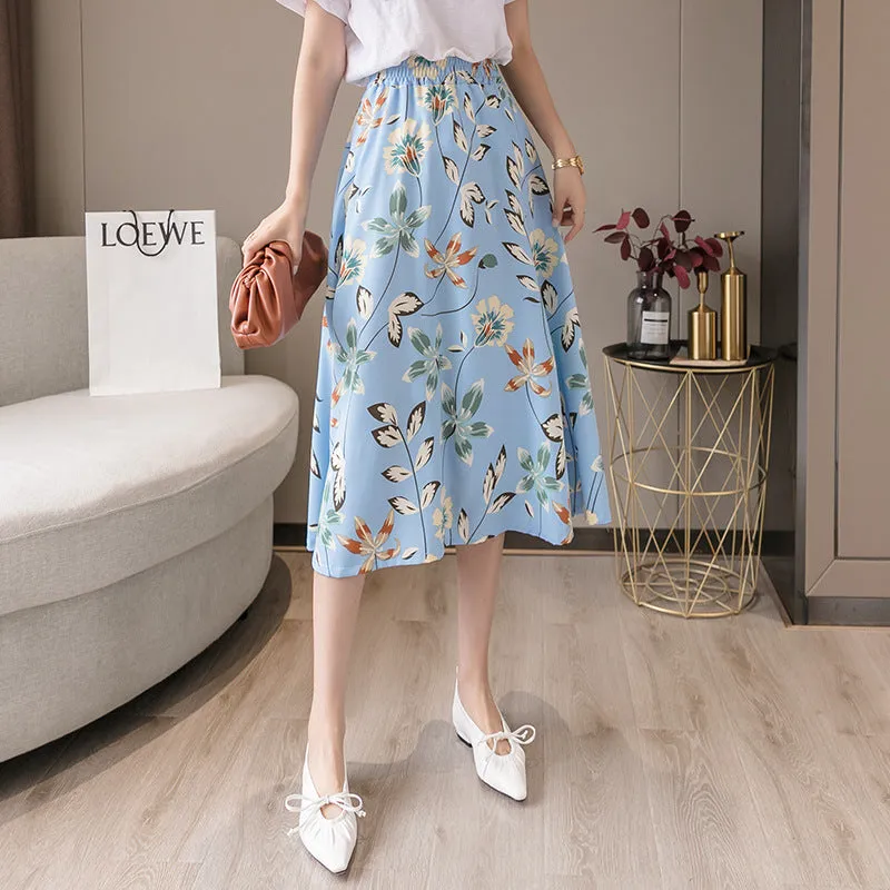 Summer Floral Skirt Women High Waist Chiffon Drape Slim Look Long Hip Flattering A-Line Fairy-Look Skirt