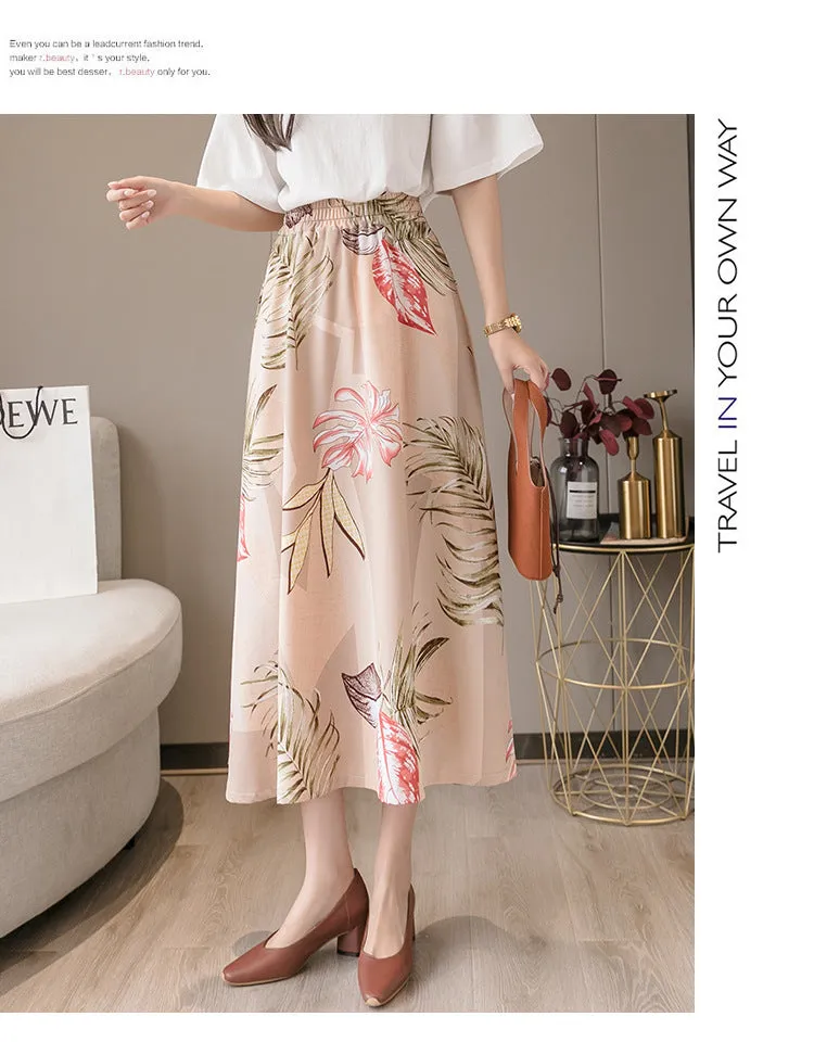 Summer Floral Skirt Women High Waist Chiffon Drape Slim Look Long Hip Flattering A-Line Fairy-Look Skirt