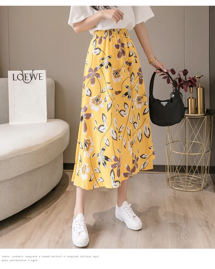 Summer Floral Skirt Women High Waist Chiffon Drape Slim Look Long Hip Flattering A-Line Fairy-Look Skirt