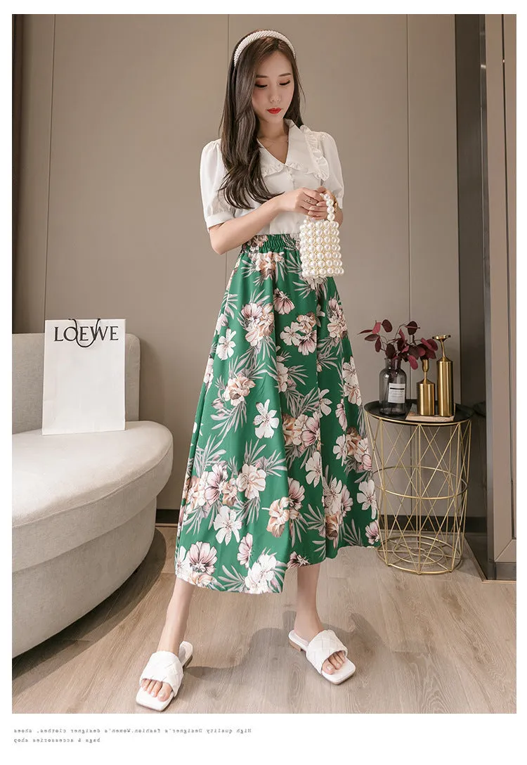 Summer Floral Skirt Women High Waist Chiffon Drape Slim Look Long Hip Flattering A-Line Fairy-Look Skirt