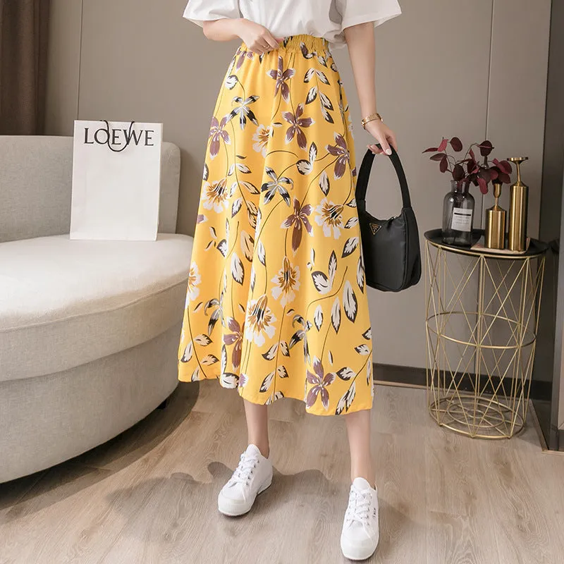 Summer Floral Skirt Women High Waist Chiffon Drape Slim Look Long Hip Flattering A-Line Fairy-Look Skirt