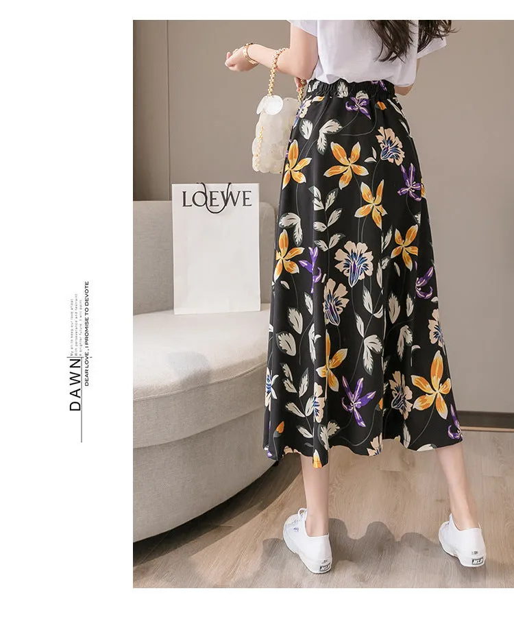 Summer Floral Skirt Women High Waist Chiffon Drape Slim Look Long Hip Flattering A-Line Fairy-Look Skirt