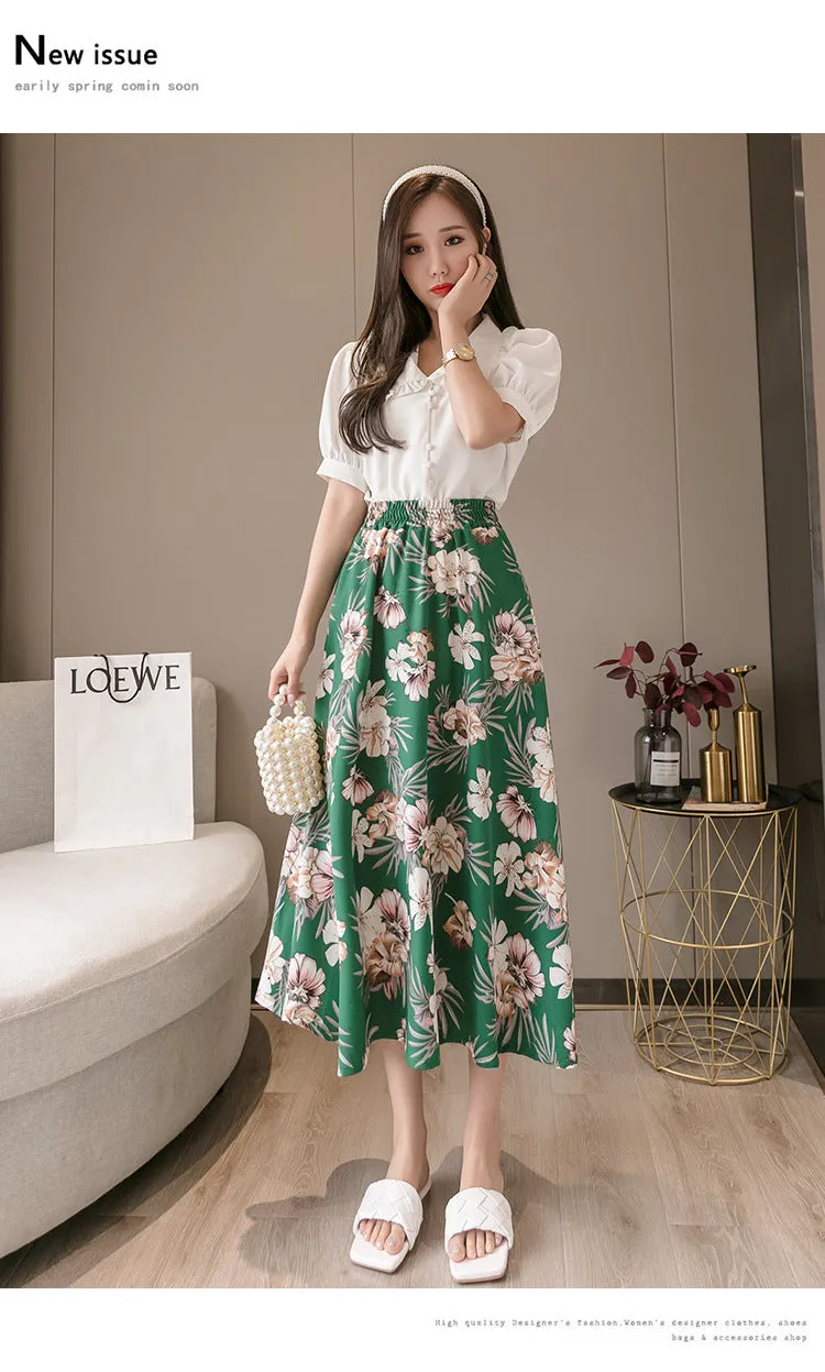 Summer Floral Skirt Women High Waist Chiffon Drape Slim Look Long Hip Flattering A-Line Fairy-Look Skirt