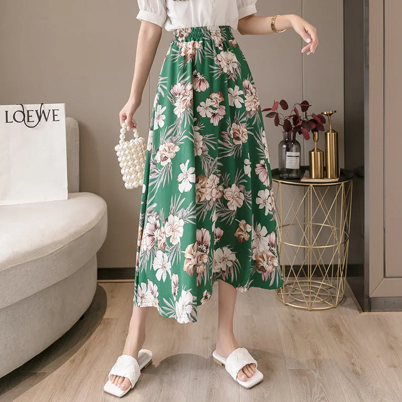 Summer Floral Skirt Women High Waist Chiffon Drape Slim Look Long Hip Flattering A-Line Fairy-Look Skirt