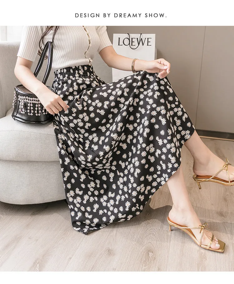 Summer Floral Skirt Women High Waist Chiffon Drape Slim Look Long Hip Flattering A-Line Fairy-Look Skirt