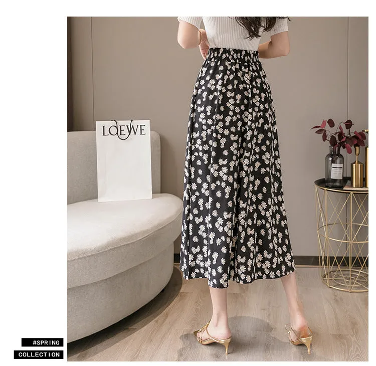 Summer Floral Skirt Women High Waist Chiffon Drape Slim Look Long Hip Flattering A-Line Fairy-Look Skirt