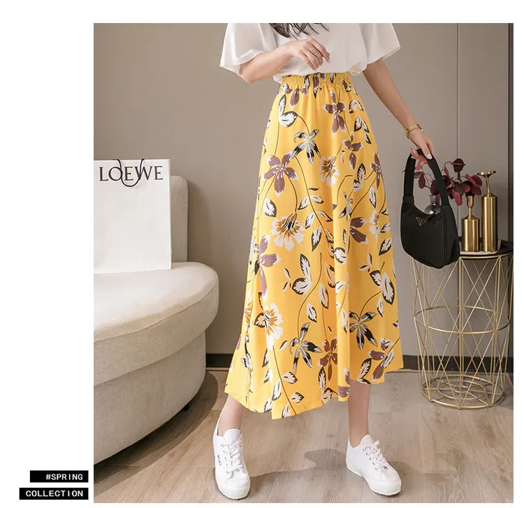 Summer Floral Skirt Women High Waist Chiffon Drape Slim Look Long Hip Flattering A-Line Fairy-Look Skirt