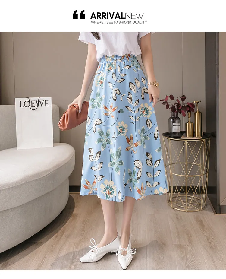 Summer Floral Skirt Women High Waist Chiffon Drape Slim Look Long Hip Flattering A-Line Fairy-Look Skirt