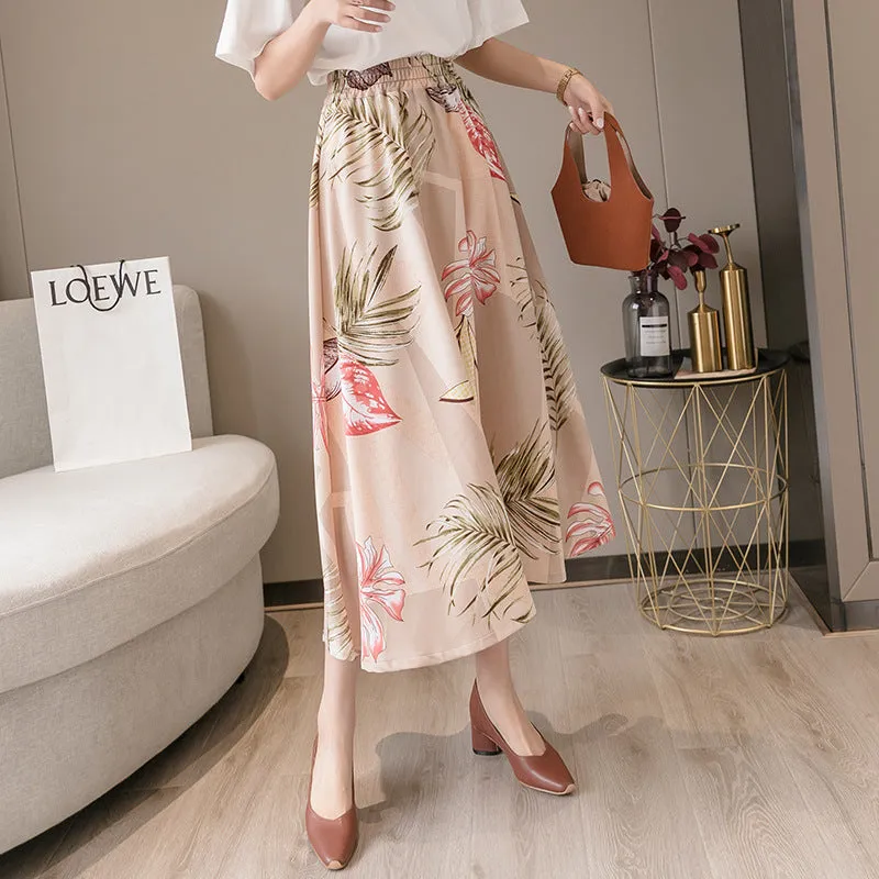 Summer Floral Skirt Women High Waist Chiffon Drape Slim Look Long Hip Flattering A-Line Fairy-Look Skirt