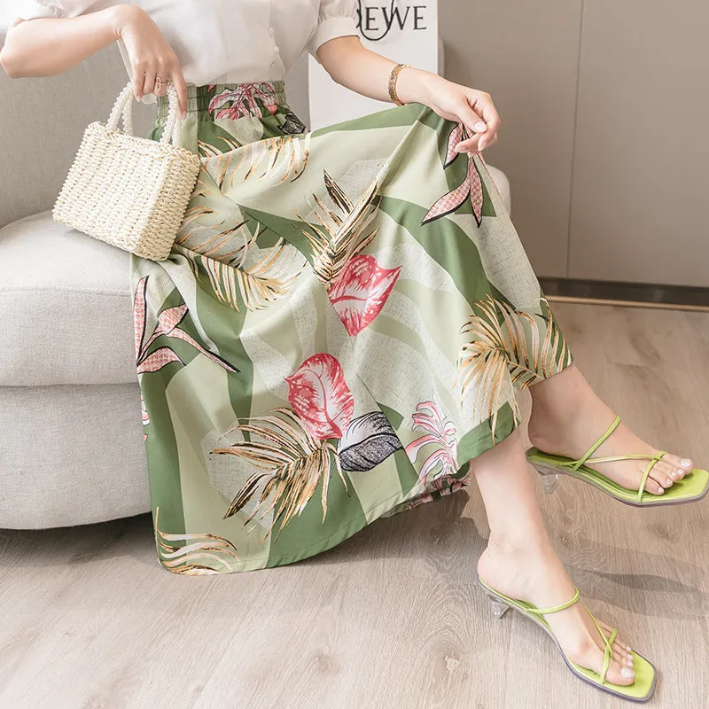 Summer Floral Skirt Women High Waist Chiffon Drape Slim Look Long Hip Flattering A-Line Fairy-Look Skirt