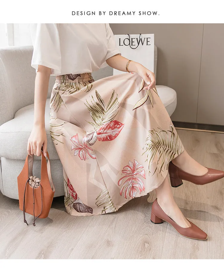 Summer Floral Skirt Women High Waist Chiffon Drape Slim Look Long Hip Flattering A-Line Fairy-Look Skirt