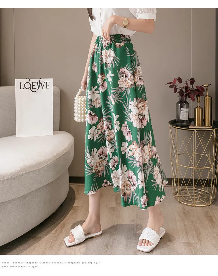 Summer Floral Skirt Women High Waist Chiffon Drape Slim Look Long Hip Flattering A-Line Fairy-Look Skirt