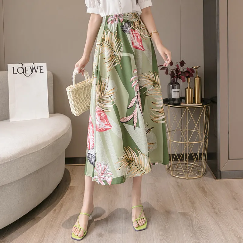 Summer Floral Skirt Women High Waist Chiffon Drape Slim Look Long Hip Flattering A-Line Fairy-Look Skirt