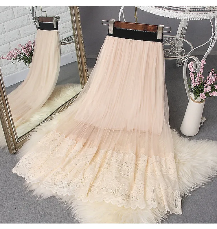 Summer Lace Mesh Skirt Women Mid-Length High Waist Slim Look A-Line Tutu Pleated Skirt