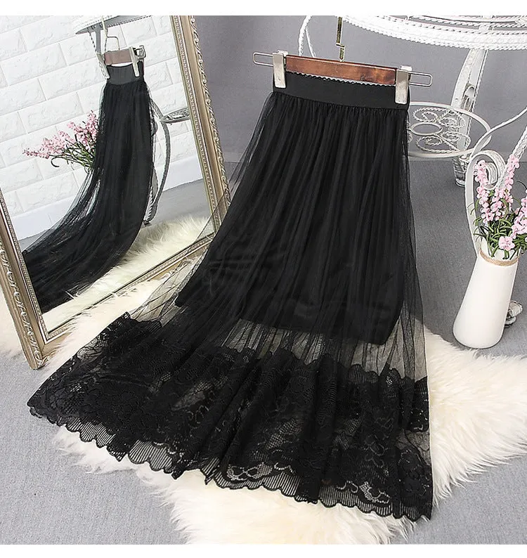 Summer Lace Mesh Skirt Women Mid-Length High Waist Slim Look A-Line Tutu Pleated Skirt