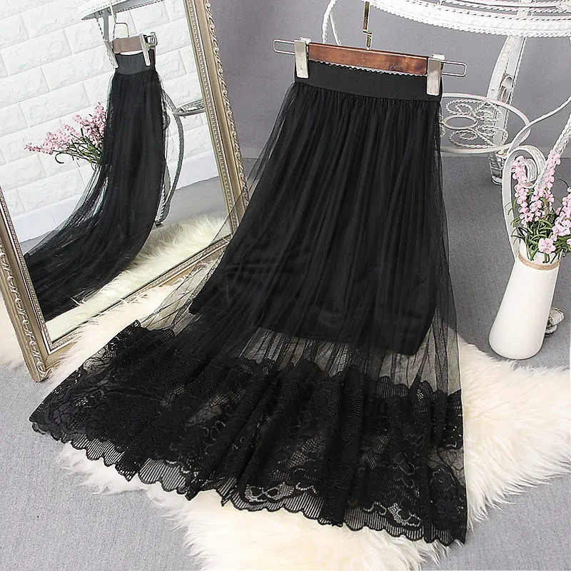 Summer Lace Mesh Skirt Women Mid-Length High Waist Slim Look A-Line Tutu Pleated Skirt