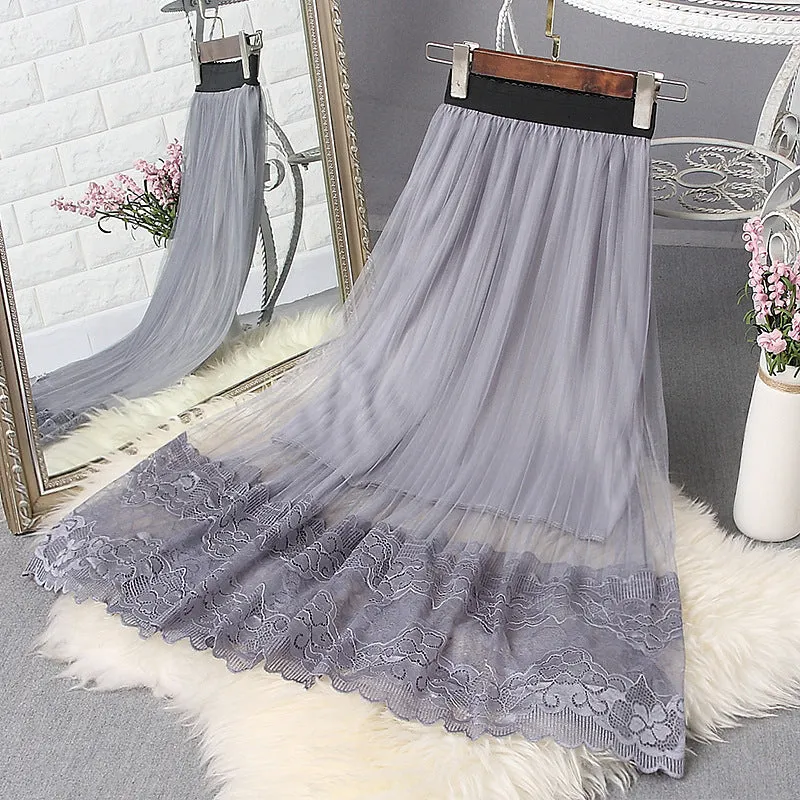 Summer Lace Mesh Skirt Women Mid-Length High Waist Slim Look A-Line Tutu Pleated Skirt