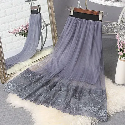 Summer Lace Mesh Skirt Women Mid-Length High Waist Slim Look A-Line Tutu Pleated Skirt