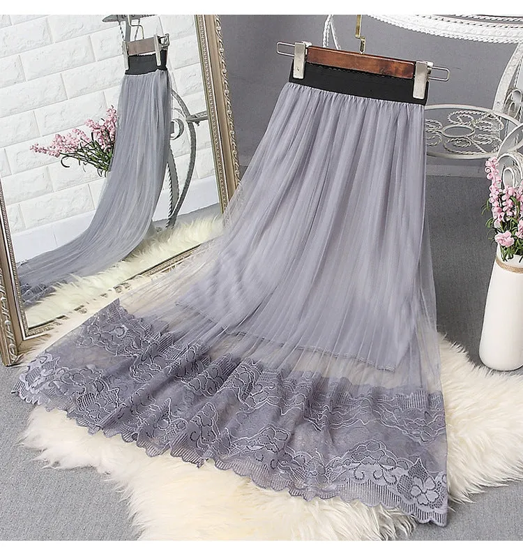 Summer Lace Mesh Skirt Women Mid-Length High Waist Slim Look A-Line Tutu Pleated Skirt