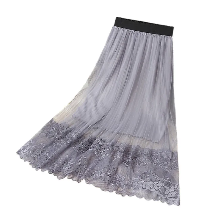 Summer Lace Mesh Skirt Women Mid-Length High Waist Slim Look A-Line Tutu Pleated Skirt