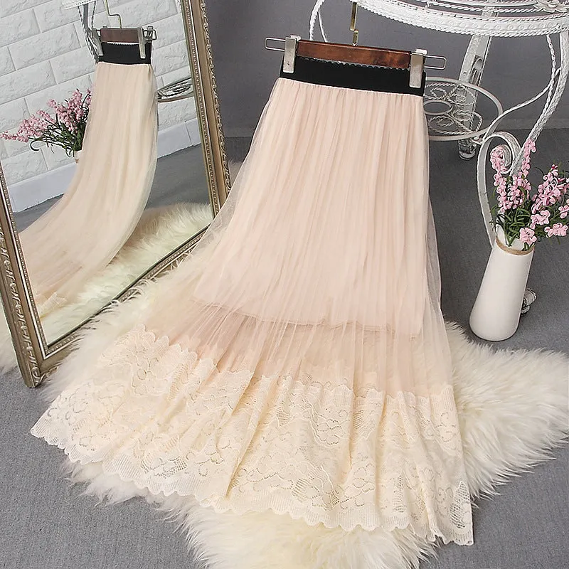 Summer Lace Mesh Skirt Women Mid-Length High Waist Slim Look A-Line Tutu Pleated Skirt