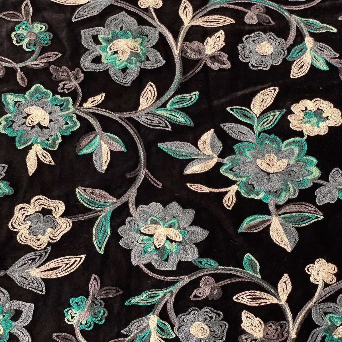 Teal Blue Multicolor Briony Floral Embroidered Stretch Velvet Fabric