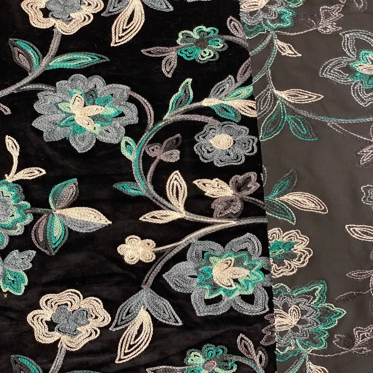 Teal Blue Multicolor Briony Floral Embroidered Stretch Velvet Fabric