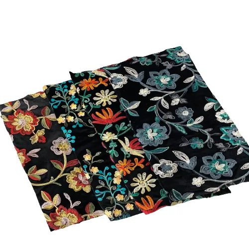 Teal Blue Multicolor Briony Floral Embroidered Stretch Velvet Fabric