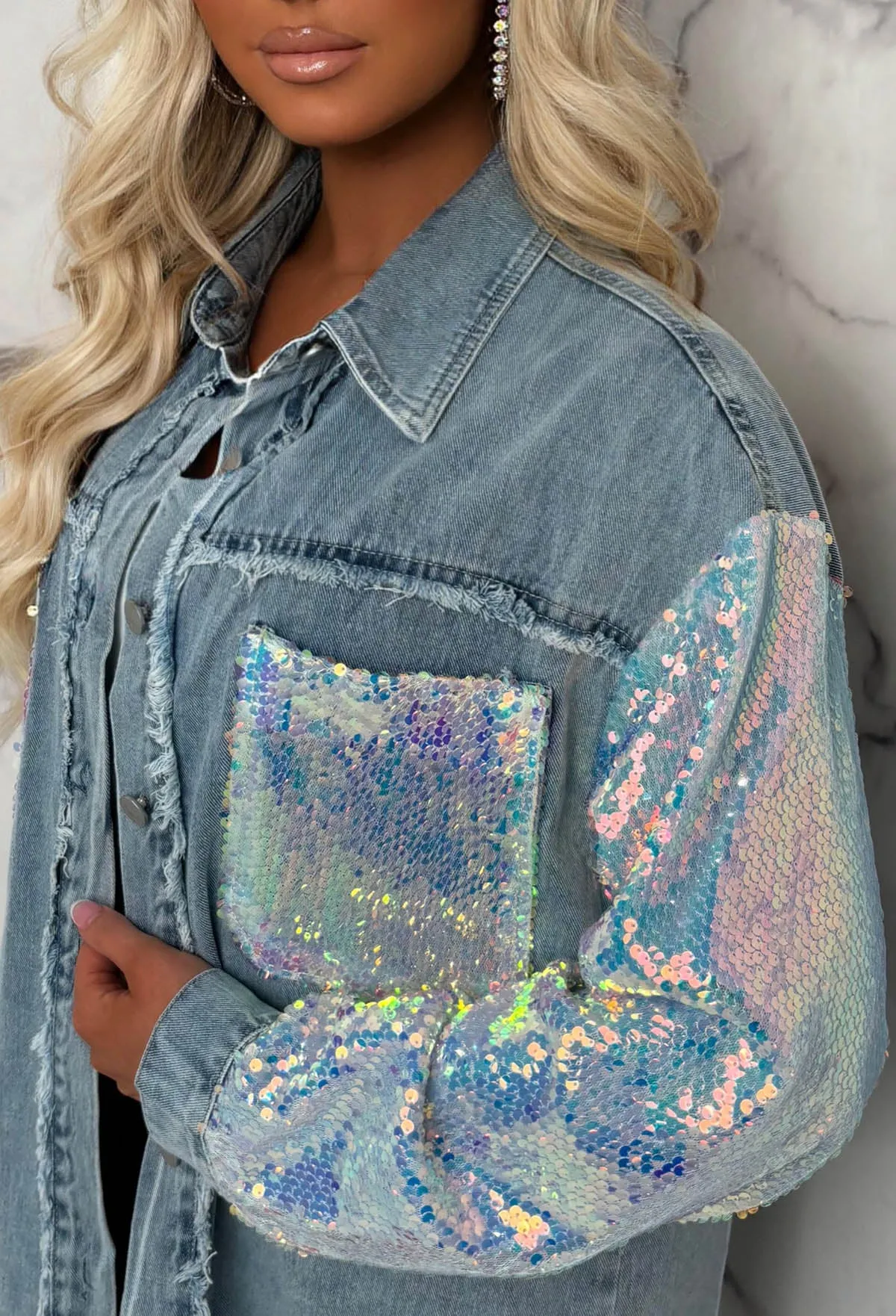 Urban Bling Light Blue Contrast Sequin & Denim Jacket