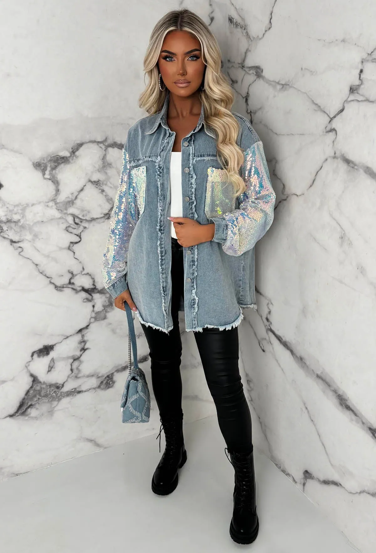 Urban Bling Light Blue Contrast Sequin & Denim Jacket