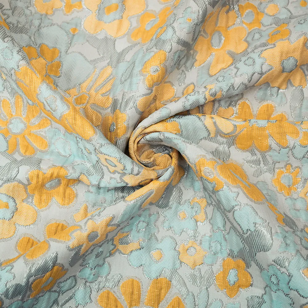 Yellow-Silver-Multi Polyester Metallic Floral Matellasse Brocade Jacquard Fabric